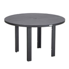 Table de salle à manger d'extérieur ronde, plateau en aluminium à lattes, trou pour parasol, revêtement en poudre, 48 po / 60 po, utilisation 4-6 personnes
