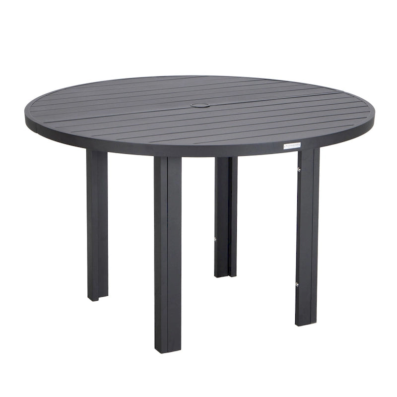 Table de salle à manger d'extérieur ronde, plateau en aluminium à lattes, trou pour parasol, revêtement en poudre, 48 po / 60 po, utilisation 4-6 personnes