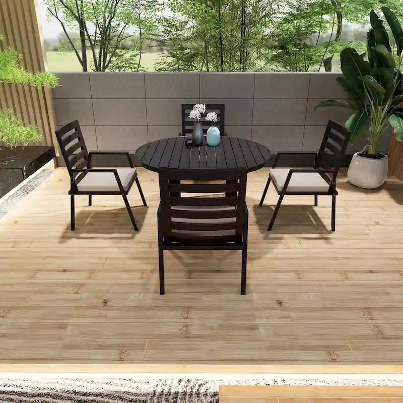 Table de salle à manger d'extérieur ronde, plateau en aluminium à lattes, trou pour parasol, revêtement en poudre, 48 po / 60 po, utilisation 4-6 personnes