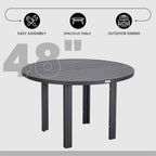 Table de salle à manger d'extérieur ronde, plateau en aluminium à lattes, trou pour parasol, revêtement en poudre, 48 po / 60 po, utilisation 4-6 personnes
