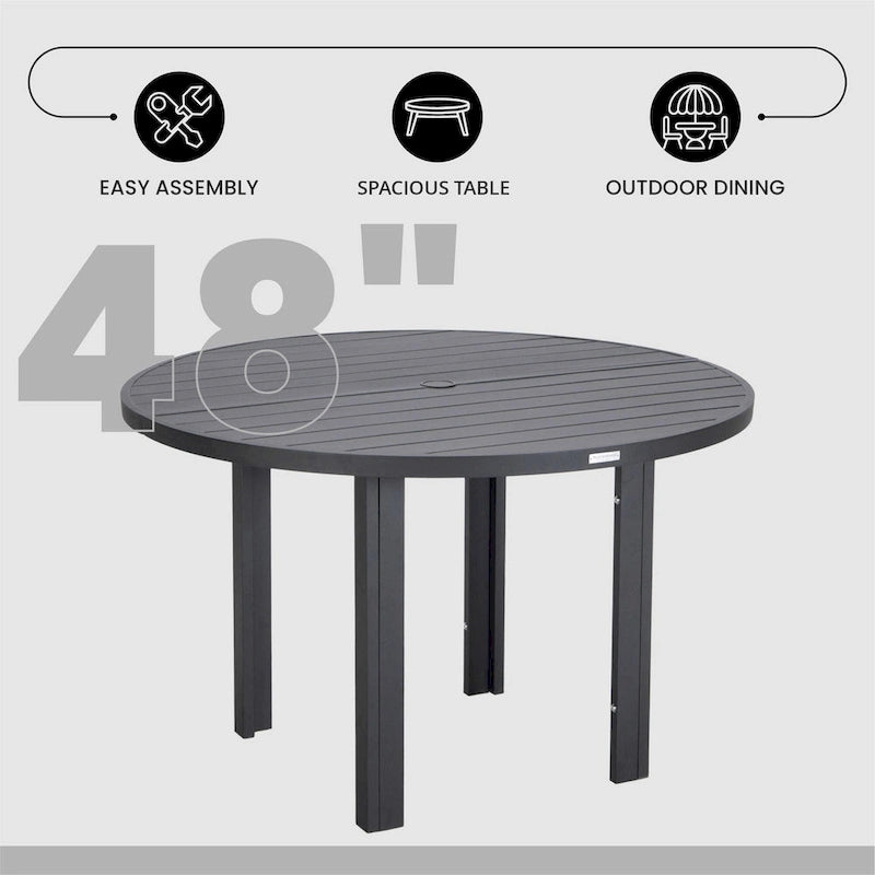 Table de salle à manger d'extérieur ronde, plateau en aluminium à lattes, trou pour parasol, revêtement en poudre, 48 po / 60 po, utilisation 4-6 personnes