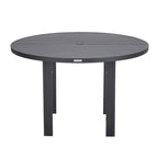 Table de salle à manger d'extérieur ronde, plateau en aluminium à lattes, trou pour parasol, revêtement en poudre, 48 po / 60 po, utilisation 4-6 personnes