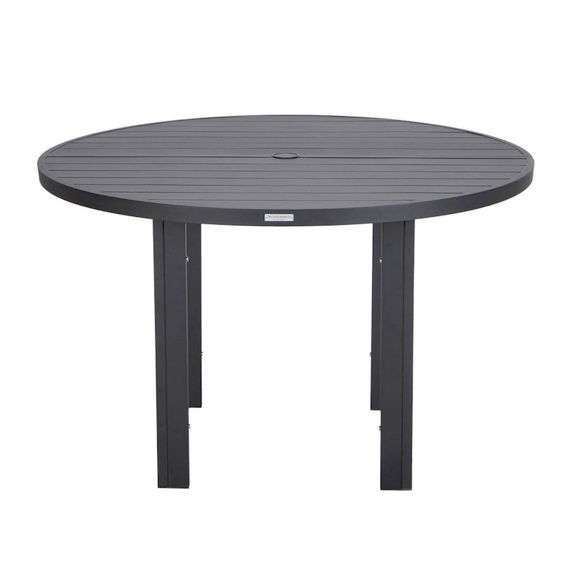 Table de salle à manger d'extérieur ronde, plateau en aluminium à lattes, trou pour parasol, revêtement en poudre, 48 po / 60 po, utilisation 4-6 personnes