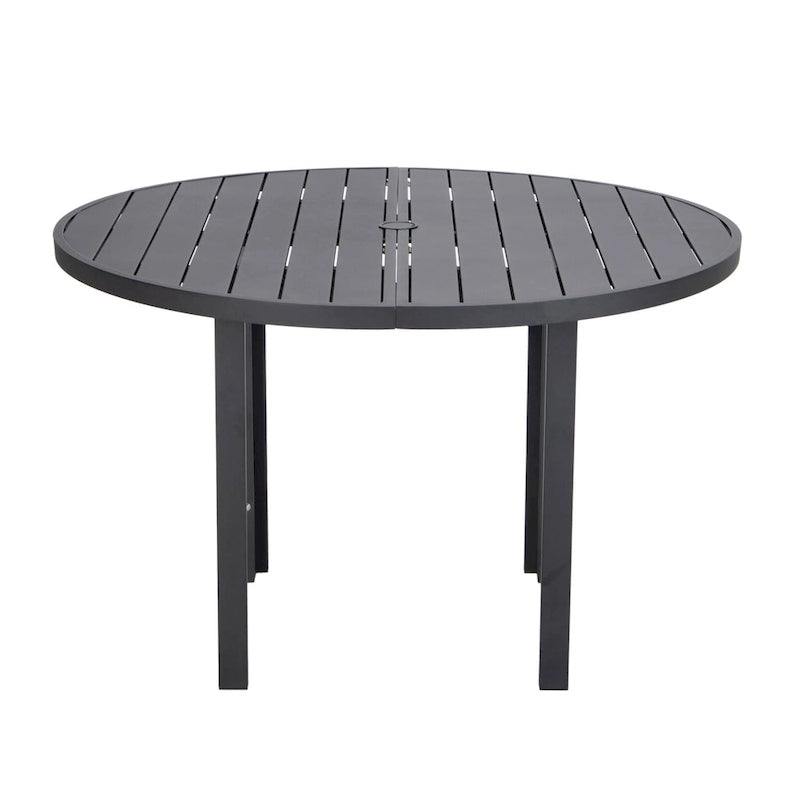Table de salle à manger d'extérieur ronde, plateau en aluminium à lattes, trou pour parasol, revêtement en poudre, 48 po / 60 po, utilisation 4-6 personnes