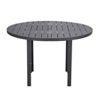 Table de salle à manger d'extérieur ronde, plateau en aluminium à lattes, trou pour parasol, revêtement en poudre, 48 po / 60 po, utilisation 4-6 personnes
