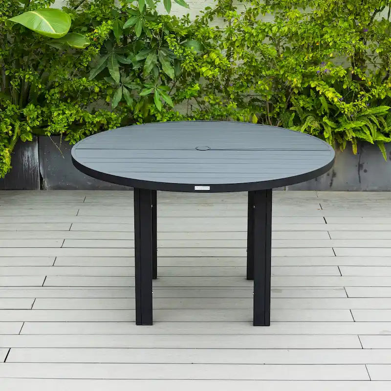 Table de salle à manger d'extérieur ronde, plateau en aluminium à lattes, trou pour parasol, revêtement en poudre, 48 po / 60 po, utilisation 4-6 personnes