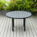 Table de salle à manger d'extérieur ronde, plateau en aluminium à lattes, trou pour parasol, revêtement en poudre, 48 po / 60 po, utilisation 4-6 personnes