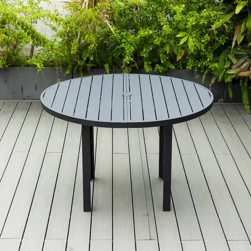Table de salle à manger d'extérieur ronde, plateau en aluminium à lattes, trou pour parasol, revêtement en poudre, 48 po / 60 po, utilisation 4-6 personnes