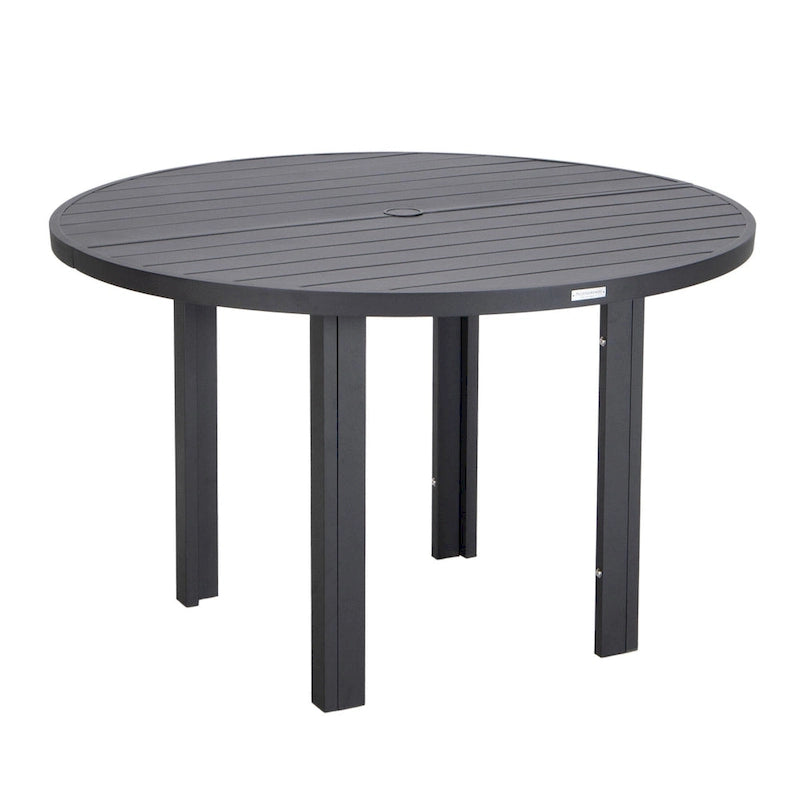 Table de salle à manger d'extérieur ronde, plateau en aluminium à lattes, trou pour parasol, revêtement en poudre, 48 po / 60 po, utilisation 4-6 personnes