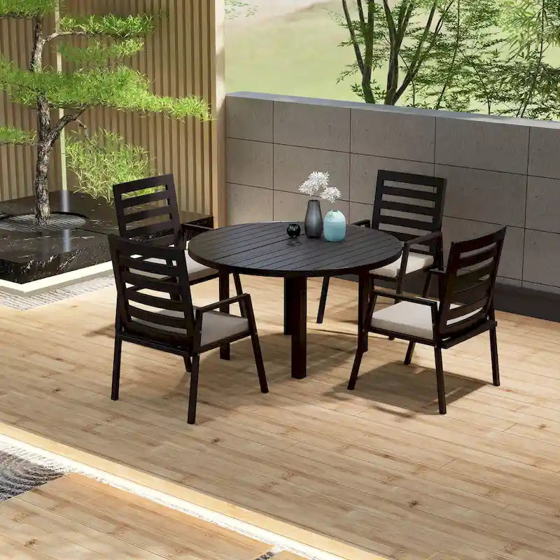 Table de salle à manger d'extérieur ronde, plateau en aluminium à lattes, trou pour parasol, revêtement en poudre, 48 po / 60 po, utilisation 4-6 personnes