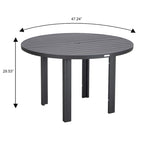 Table de salle à manger d'extérieur ronde, plateau en aluminium à lattes, trou pour parasol, revêtement en poudre, 48 po / 60 po, utilisation 4-6 personnes