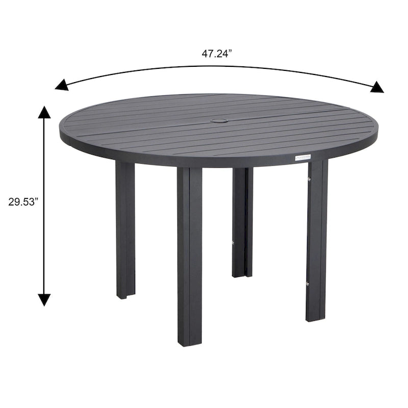 Table de salle à manger d'extérieur ronde, plateau en aluminium à lattes, trou pour parasol, revêtement en poudre, 48 po / 60 po, utilisation 4-6 personnes