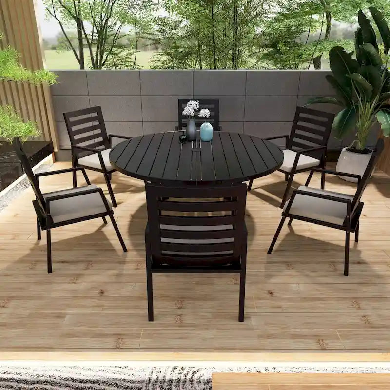 Table de salle à manger d'extérieur ronde, plateau en aluminium à lattes, trou pour parasol, revêtement en poudre, 48 po / 60 po, utilisation 4-6 personnes