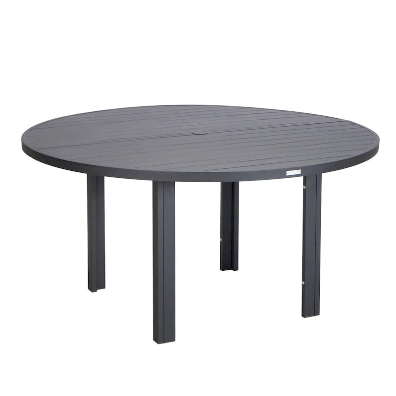 Table de salle à manger d'extérieur ronde, plateau en aluminium à lattes, trou pour parasol, revêtement en poudre, 48 po / 60 po, utilisation 4-6 personnes