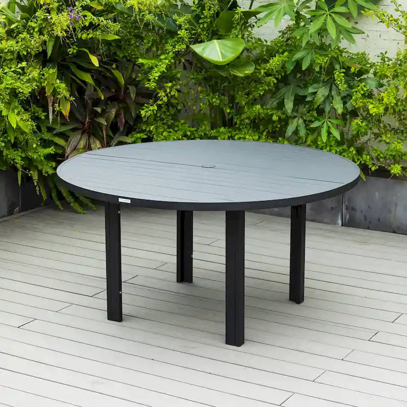 Table de salle à manger d'extérieur ronde, plateau en aluminium à lattes, trou pour parasol, revêtement en poudre, 48 po / 60 po, utilisation 4-6 personnes