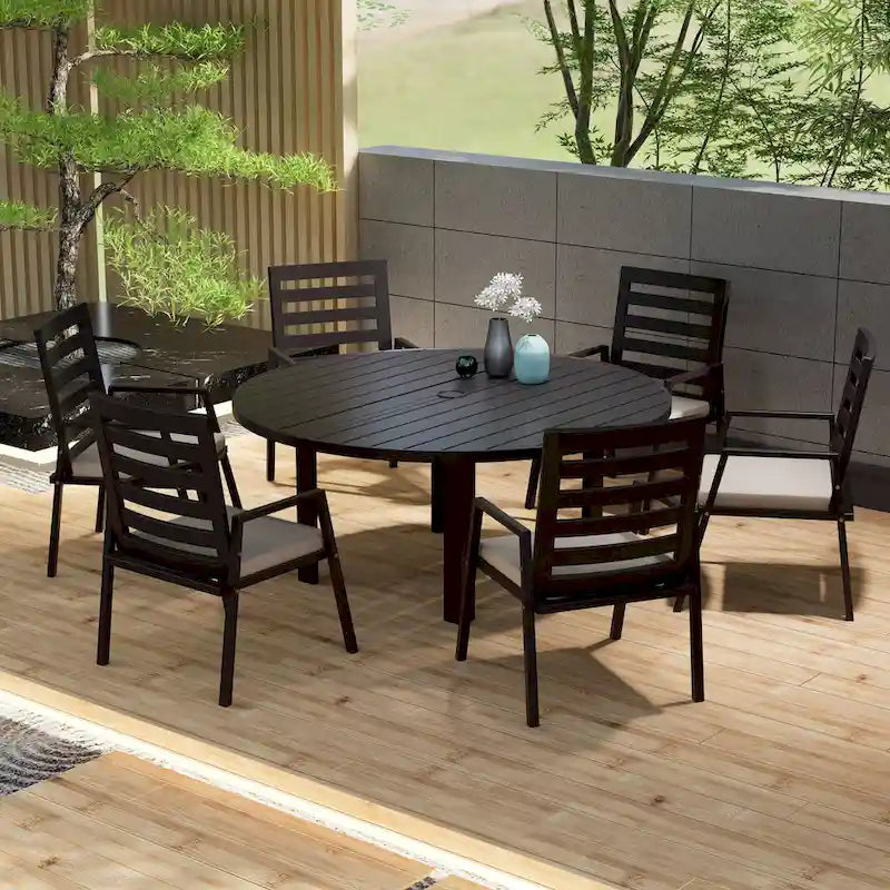 Table de salle à manger d'extérieur ronde, plateau en aluminium à lattes, trou pour parasol, revêtement en poudre, 48 po / 60 po, utilisation 4-6 personnes