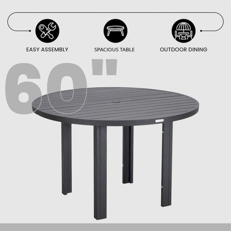 Table de salle à manger d'extérieur ronde, plateau en aluminium à lattes, trou pour parasol, revêtement en poudre, 48 po / 60 po, utilisation 4-6 personnes