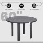Table de salle à manger d'extérieur ronde, plateau en aluminium à lattes, trou pour parasol, revêtement en poudre, 48 po / 60 po, utilisation 4-6 personnes