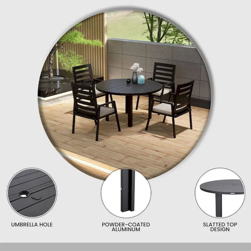 Table de salle à manger d'extérieur ronde, plateau en aluminium à lattes, trou pour parasol, revêtement en poudre, 48 po / 60 po, utilisation 4-6 personnes