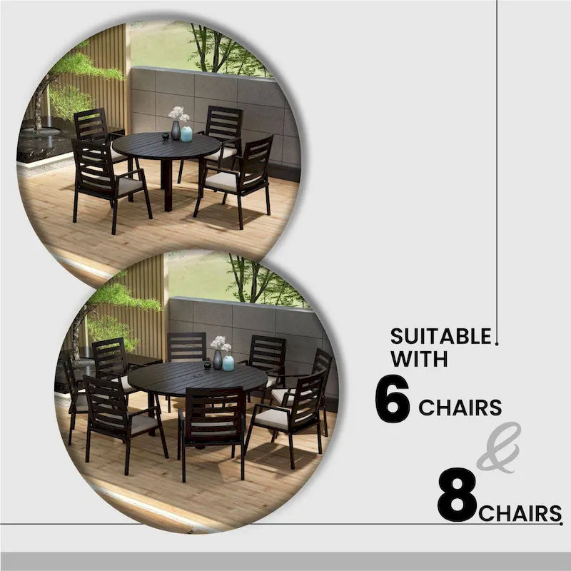 Table de salle à manger d'extérieur ronde, plateau en aluminium à lattes, trou pour parasol, revêtement en poudre, 48 po / 60 po, utilisation 4-6 personnes