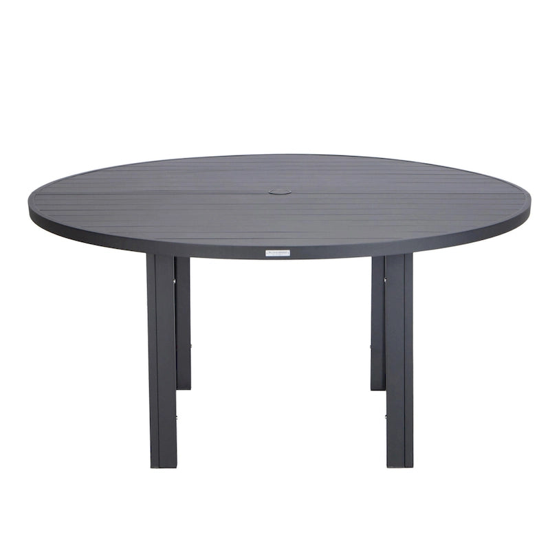 Table de salle à manger d'extérieur ronde, plateau en aluminium à lattes, trou pour parasol, revêtement en poudre, 48 po / 60 po, utilisation 4-6 personnes