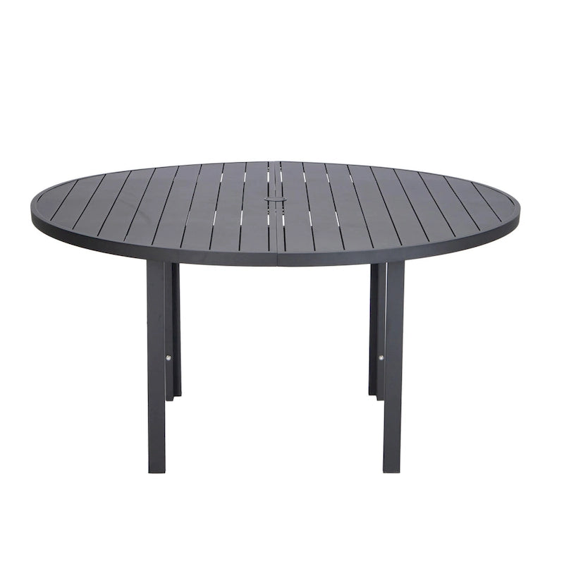 Table de salle à manger d'extérieur ronde, plateau en aluminium à lattes, trou pour parasol, revêtement en poudre, 48 po / 60 po, utilisation 4-6 personnes