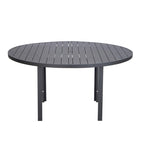 Table de salle à manger d'extérieur ronde, plateau en aluminium à lattes, trou pour parasol, revêtement en poudre, 48 po / 60 po, utilisation 4-6 personnes
