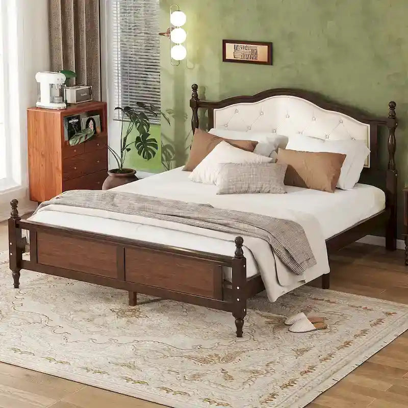 Lit plateforme Queen, tête de lit rembourrée, rangement sous le lit, noyer, pour 2 personnes