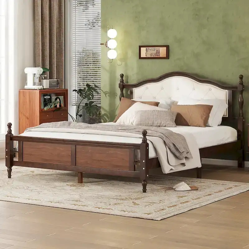 Lit plateforme Queen, tête de lit rembourrée, rangement sous le lit, noyer, pour 2 personnes