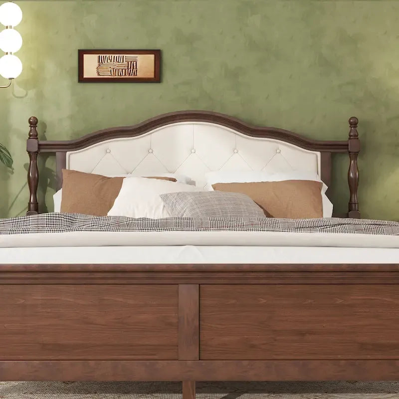 Lit plateforme Queen, tête de lit rembourrée, rangement sous le lit, noyer, pour 2 personnes