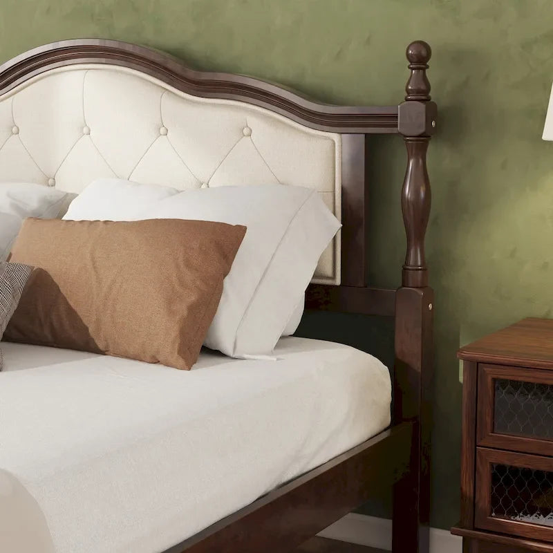 Lit plateforme Queen, tête de lit rembourrée, rangement sous le lit, noyer, pour 2 personnes