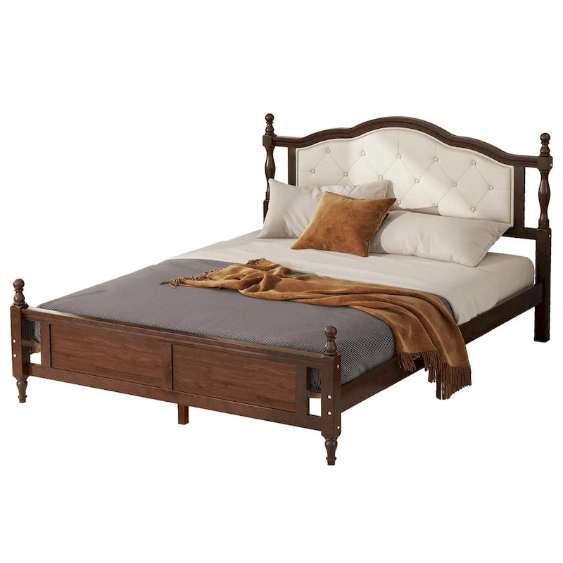 Lit plateforme Queen, tête de lit rembourrée, rangement sous le lit, noyer, pour 2 personnes