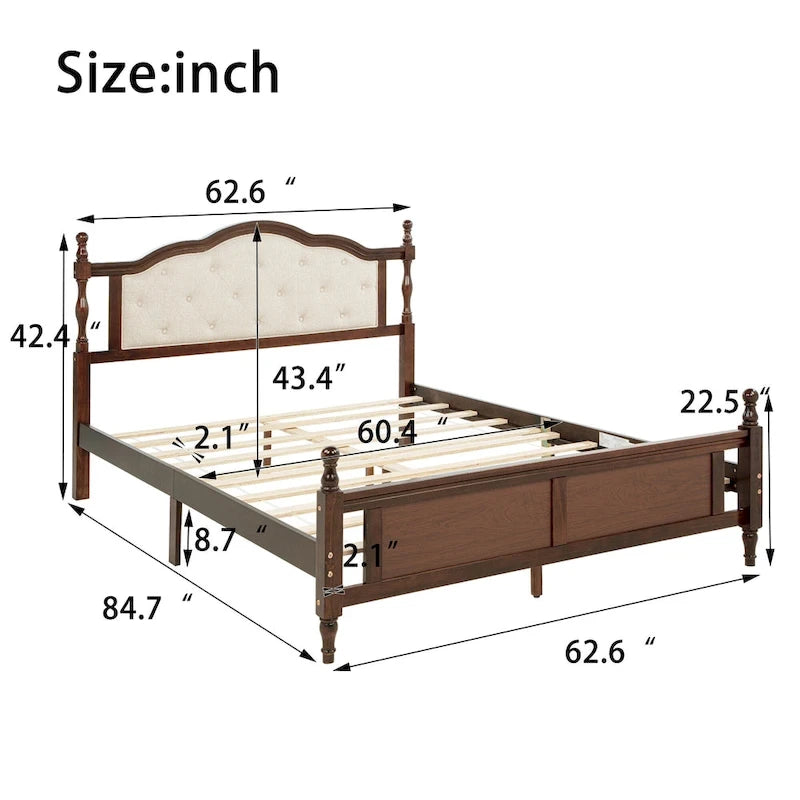 Lit plateforme Queen, tête de lit rembourrée, rangement sous le lit, noyer, pour 2 personnes