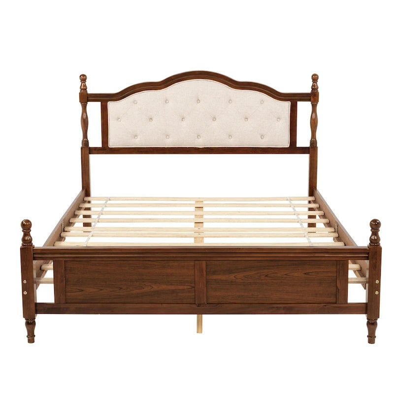 Lit plateforme Queen, tête de lit rembourrée, rangement sous le lit, noyer, pour 2 personnes