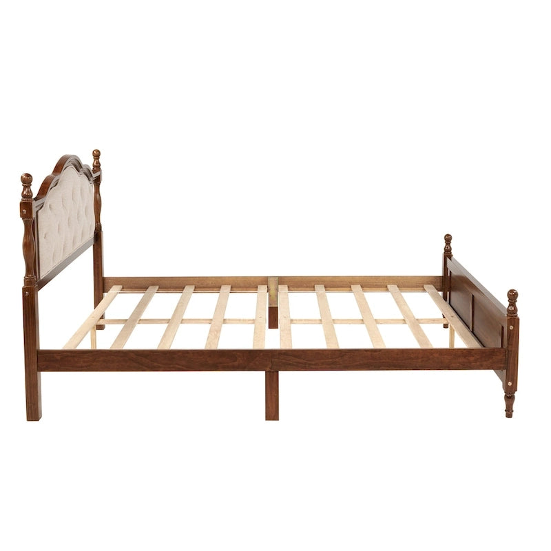 Lit plateforme Queen, tête de lit rembourrée, rangement sous le lit, noyer, pour 2 personnes