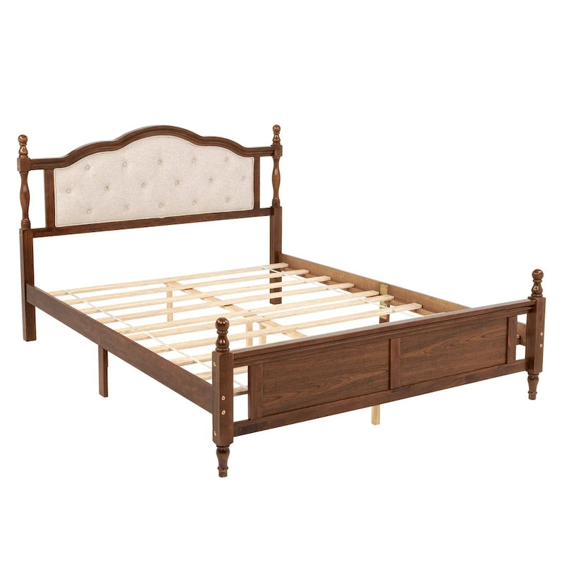Lit plateforme Queen, tête de lit rembourrée, rangement sous le lit, noyer, pour 2 personnes