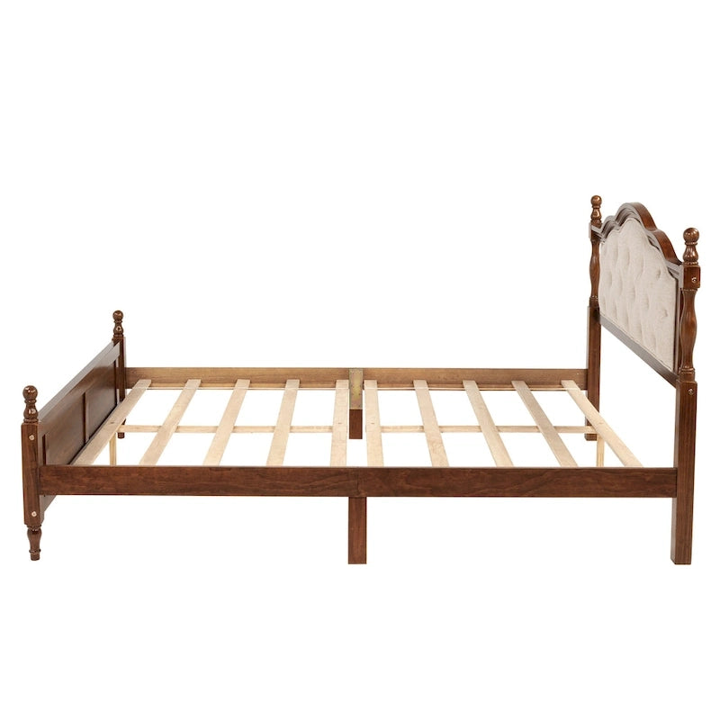 Lit plateforme Queen, tête de lit rembourrée, rangement sous le lit, noyer, pour 2 personnes