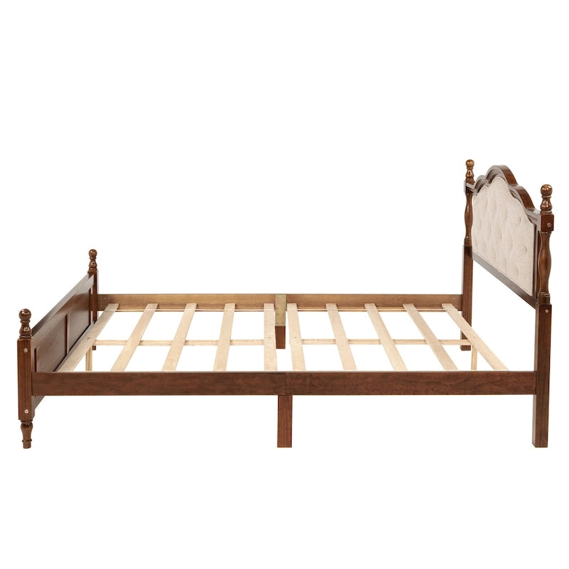Lit plateforme Queen, tête de lit rembourrée, rangement sous le lit, noyer, pour 2 personnes