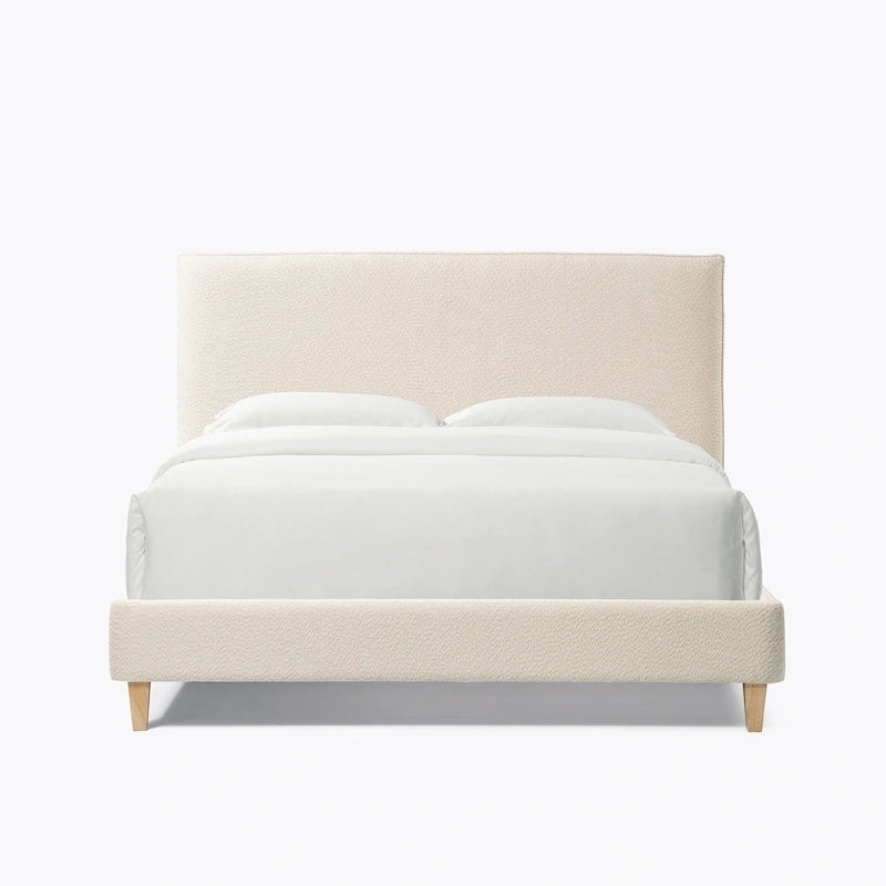 Lit plateforme rembourré Queen Size, tissu bouclé, sangles Velcro anti-bruit, blanc crème / gris, utilisation par 2 personnes