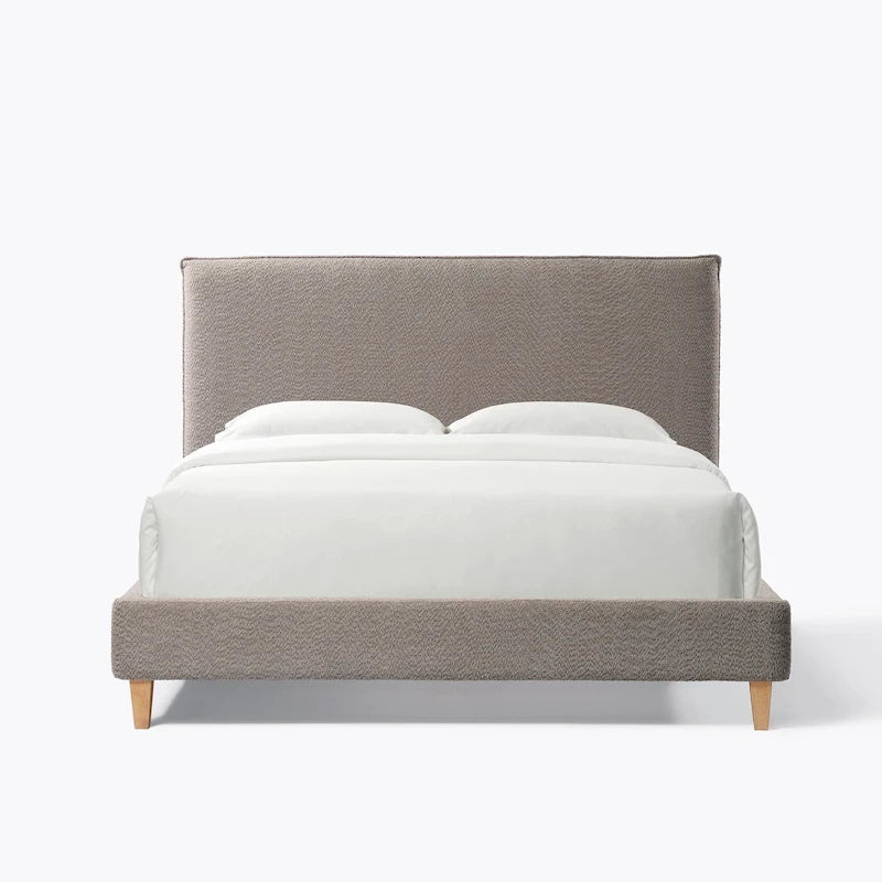 Lit plateforme rembourré Queen Size, tissu bouclé, sangles Velcro anti-bruit, blanc crème / gris, utilisation par 2 personnes