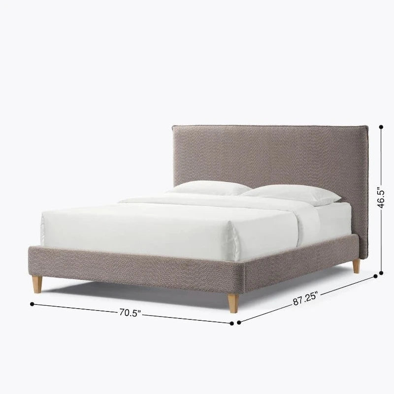 Lit plateforme rembourré Queen Size, tissu bouclé, sangles Velcro anti-bruit, blanc crème / gris, utilisation par 2 personnes