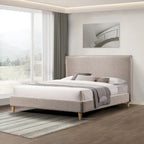 Lit plateforme rembourré Queen Size, tissu bouclé, sangles Velcro anti-bruit, blanc crème / gris, utilisation par 2 personnes