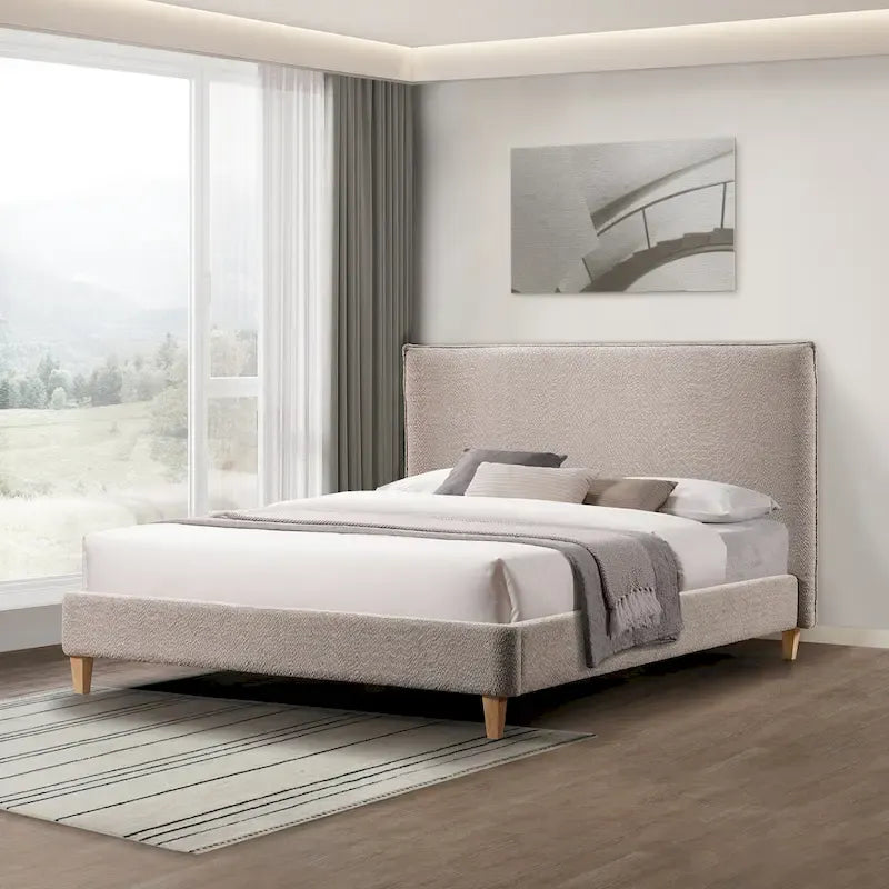 Lit plateforme rembourré Queen Size, tissu bouclé, sangles Velcro anti-bruit, blanc crème / gris, utilisation par 2 personnes