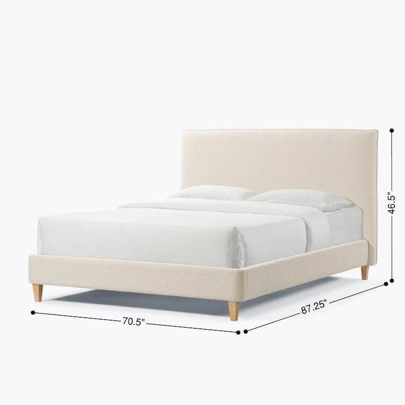 Lit plateforme rembourré Queen Size, tissu bouclé, sangles Velcro anti-bruit, blanc crème / gris, utilisation par 2 personnes