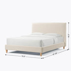 Lit plateforme rembourré Queen Size, tissu bouclé, sangles Velcro anti-bruit, blanc crème / gris, utilisation par 2 personnes
