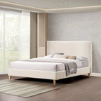 Lit plateforme rembourré Queen Size, tissu bouclé, sangles Velcro anti-bruit, blanc crème / gris, utilisation par 2 personnes