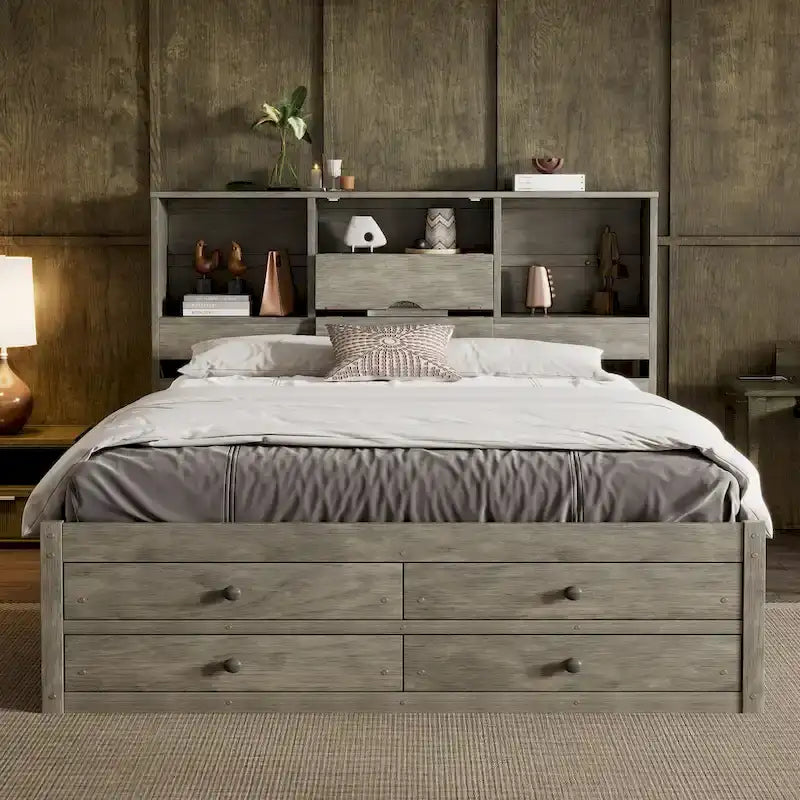 Lit plateforme double, tête de lit de rangement, 8 tiroirs, pin massif et MDF, gris, pour 2 personnes