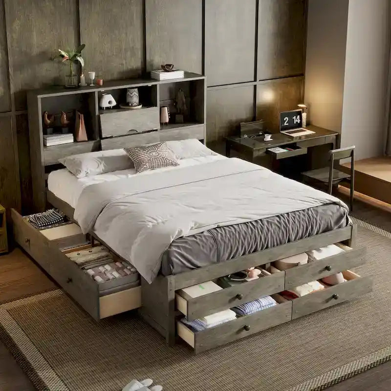 Lit plateforme double, tête de lit de rangement, 8 tiroirs, pin massif et MDF, gris, pour 2 personnes