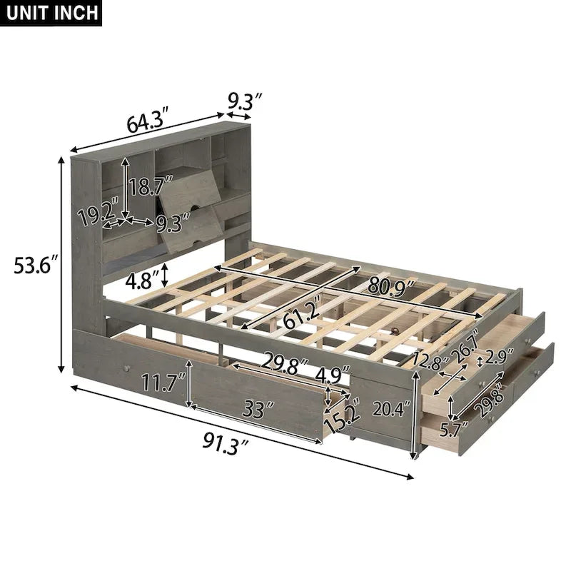 Lit plateforme double, tête de lit de rangement, 8 tiroirs, pin massif et MDF, gris, pour 2 personnes