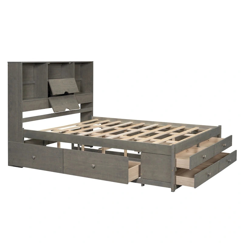 Lit plateforme double, tête de lit de rangement, 8 tiroirs, pin massif et MDF, gris, pour 2 personnes